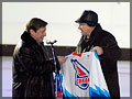 Hockey match: Before the match Alexander Khloponin received a T-shirt as a present from Sokol Ice Hockey team of Krasnoyarsk (Photo by Alexander Paniotov) 